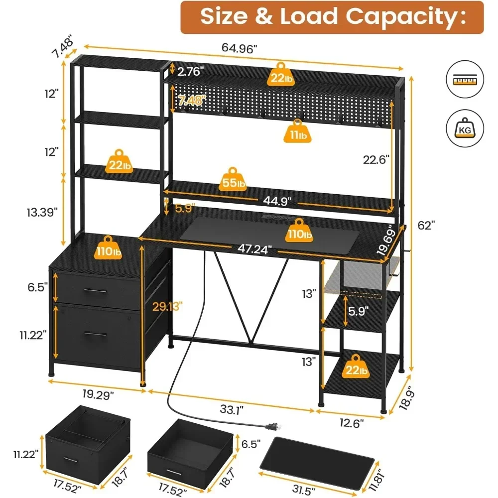 Gaming Desk with Hutch, 65in Reversible Computer Desk, Monitor Stand 2 Drawers 4 Shelves Pegboard 8 Hooks Mouse Pad