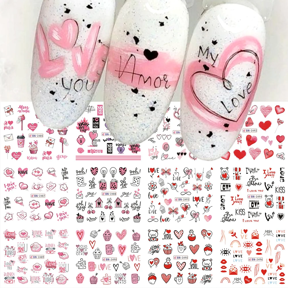 Pink Heart Stickers Valentines Day Nail Art Love You Letters Water Decal Cake Bear Kiss Lip Sliders For Manicure LEBN2485-2496