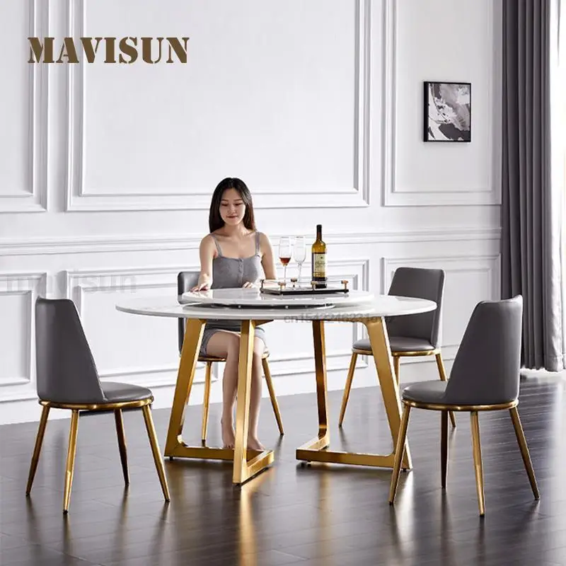 Marble Dining Table For Living Room Furniture Postmodern Gloden Simple Modern Small Apartment Home Luxury Round Table WithTurner