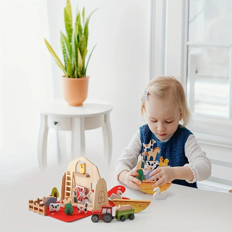 Jouets d'empilage Montessori en bois pour tout-petits, animaux de la ferme, jouets de grange rouge, ensemble de jeu de simulation, cadeau d'anniversaire, 18 pièces