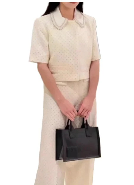 

women elegant three-piece suit for women short-sleeved hot diamond cardigan or sleeveless vest or pearl decorated tweed trousers
