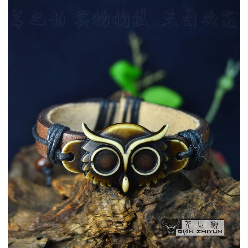 

Couple Cowhide Punk Bracelet Yak Bone Carving Glasses Owl Small Jewelry Factory Direct Sales Wholesale