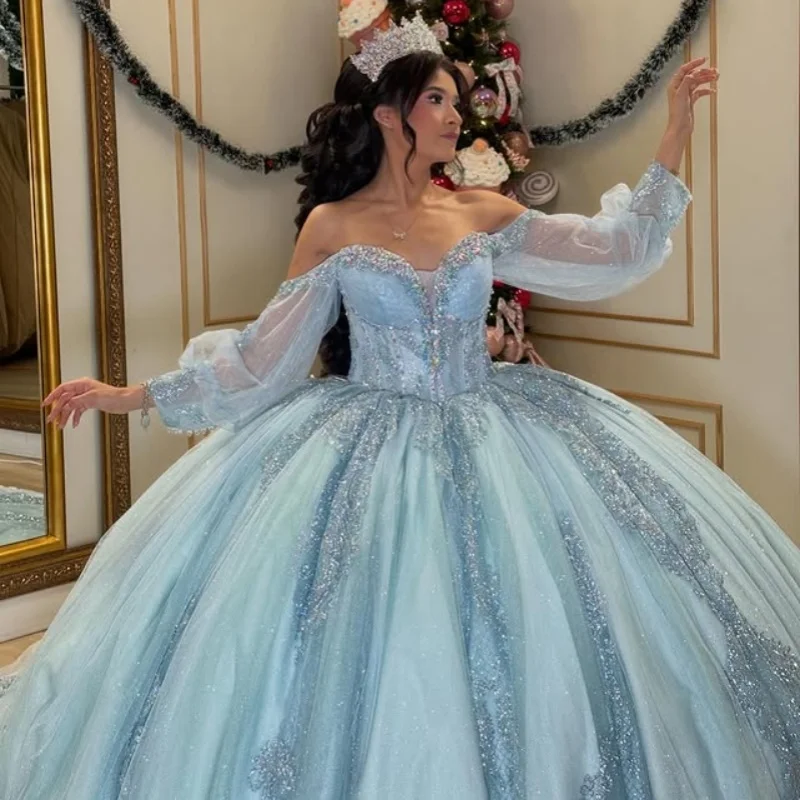 

Haze Blue Quinceanera Dress Crystal Glitter Flower Decal long sleeves Long tail Vestidos De 15 Quinceanera ﻿Customize