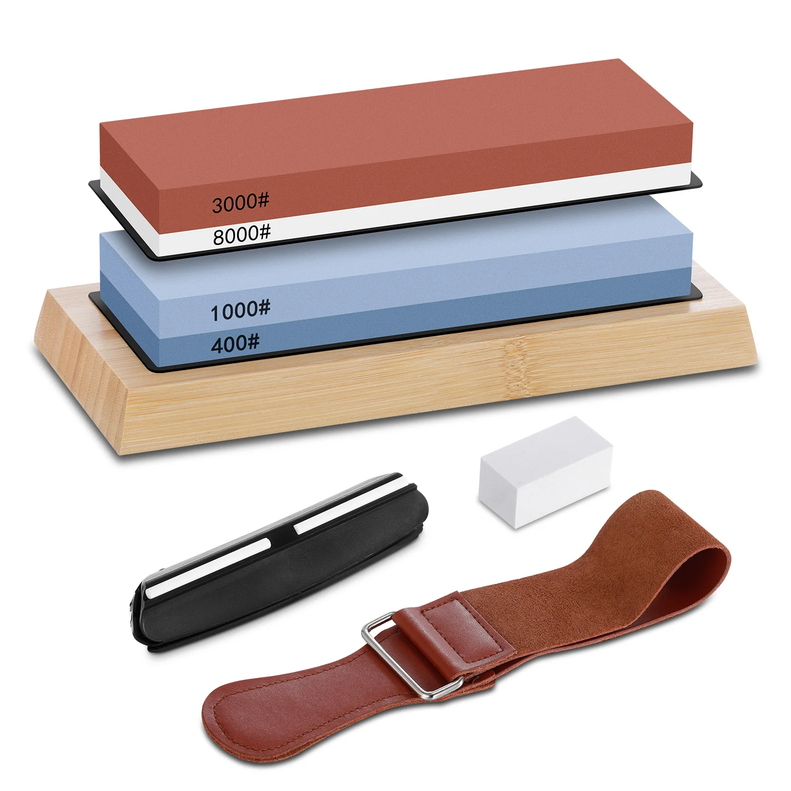 Aoresac Complete Knife Sharpening Stone Set/Dual Grit Whetstone 400/1000 3000/8000 Knife Sharpener with Leather Strop/Flattening