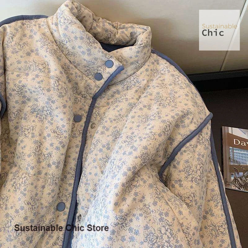 النمط الفرنسي الأزرق الصغيرة الأزهار سروال قصير خياطة القطن مبطن سترة معطف المرأة الخريف والشتاء معطف الرياح كسول دافئ جديد #5