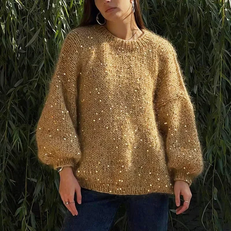 Fashion Sequined Mohair Sweater Women\'s New Loose O-neck Lantern Long Sleeve Glitter Knitted Pullover Sweater Streetwear