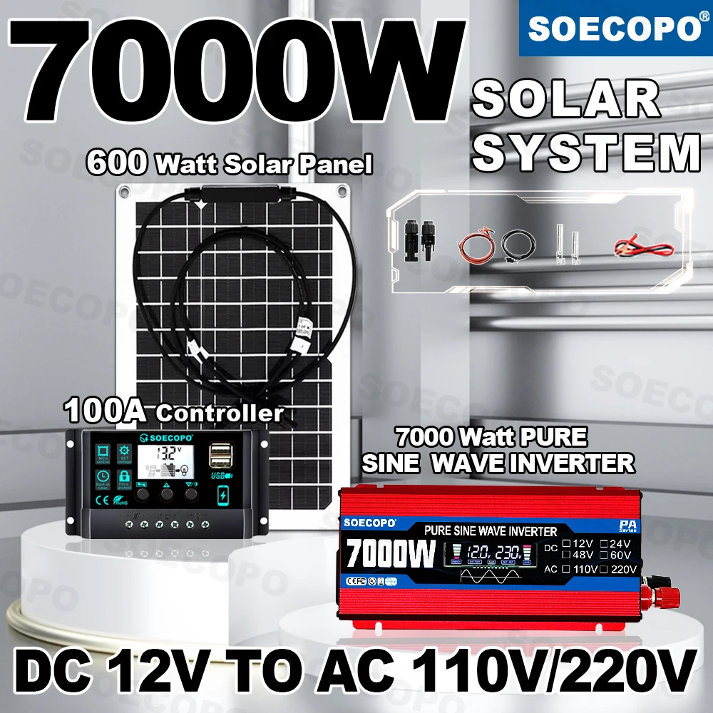 

7000W Peak Solar System Kit Pure Sine Wave Inverter DC 12V To AC 110V/220V 600W Panel 100A Controller Complete for ourdoor work