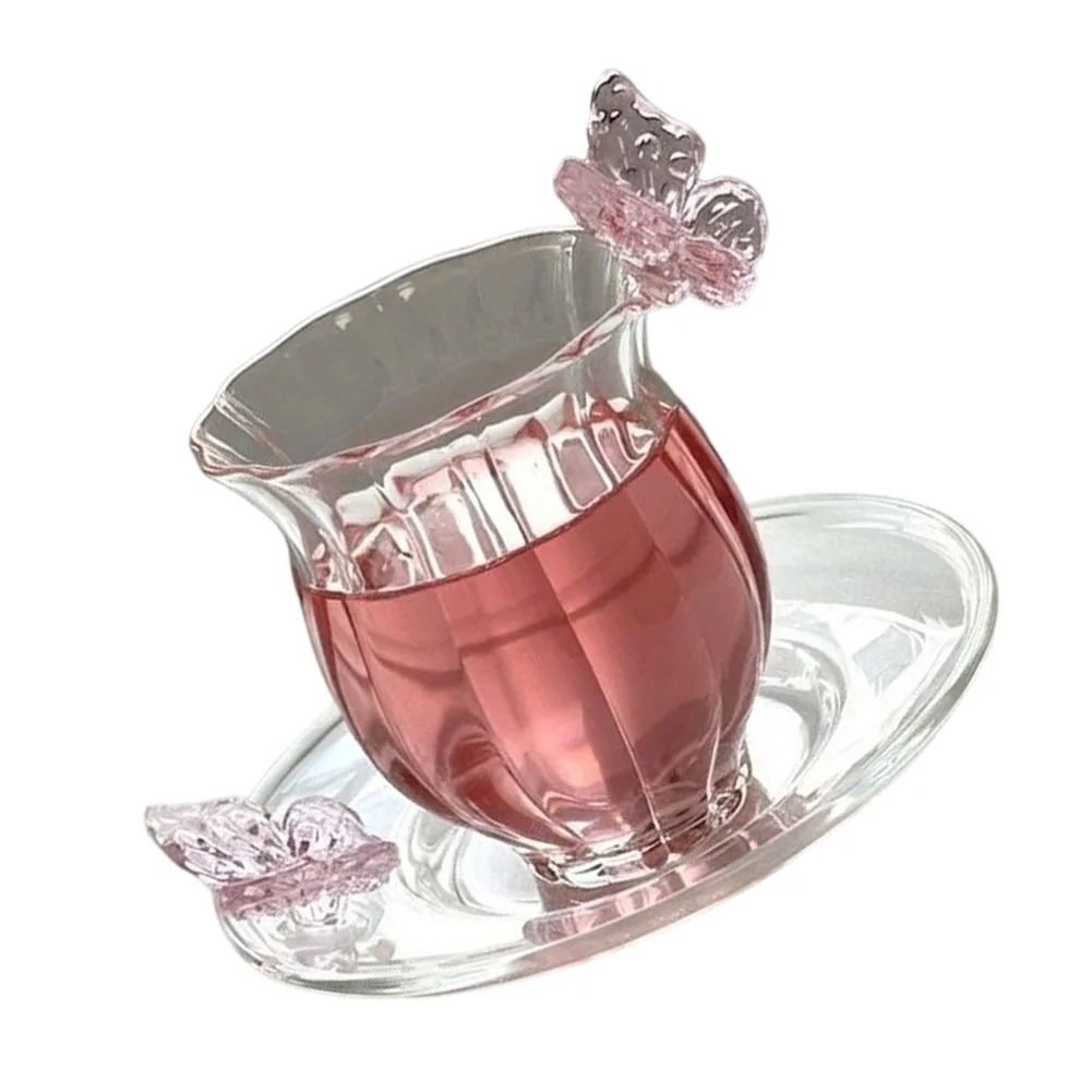 Matching Glass Cup and Saucer Set with Pink Butterfly Detail Vertical Ribbed Flower Shape Design for Indoor Decor