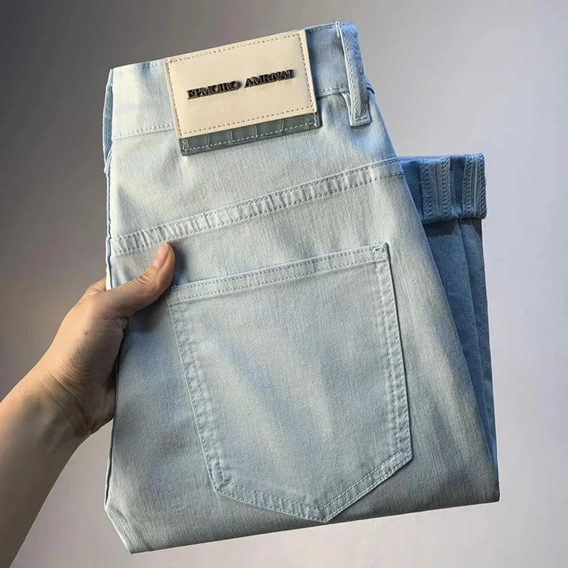 

2026 Summer Men's Lightweight Thin Denim Pants Light Blue Classic Style Simple Stretch Slim Fit Skinny Leg Jeans Fashion Versati