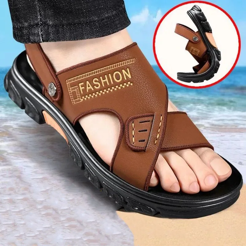 

Summer Men Leather Casual Shoes Sandals Comfort Breathable Anti Slip Beach Sandals New Fashionable Trendy Soft Soles Slippers