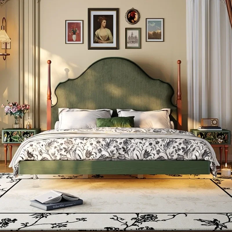 

French medium and ancient style solid wood bed, green flannel soft rest, French retro 1.8 meters double bed
