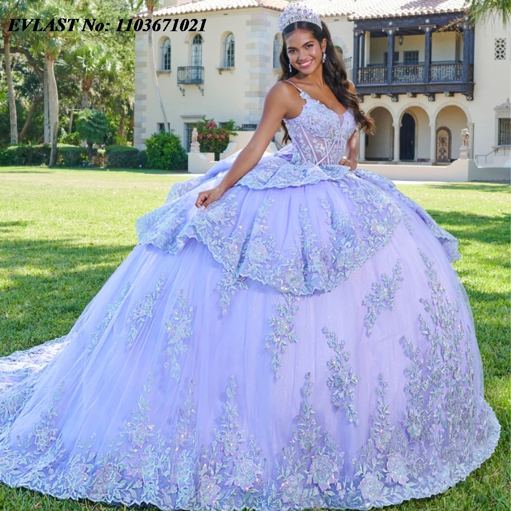 فستان Quinceanera مخصص من EVLAST فستان حفلة لامع مزين بالدانتيل مطرز بالخرز كيب متدرج مشد فيستدوس دي XV Anos SQ302