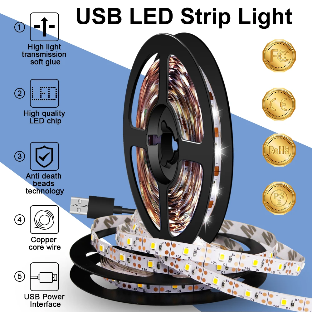 LED Strip Light DC5V Flexible Lamp Tape LED Diode Ribbon 50CM 1M 2M 3M 4M 5M TV Desktop Screen LED Backlight For Room Decoration