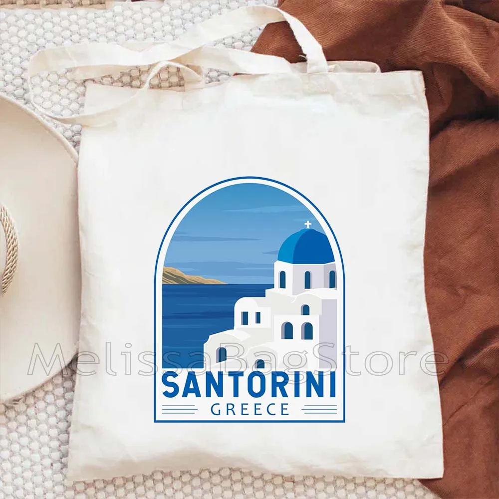 Athens Greece Santorini Oia Island Love Heart Landscape Travel Art Cute Gifts Cotton Harajuku Canvas Tote Bag Shopper Handbag