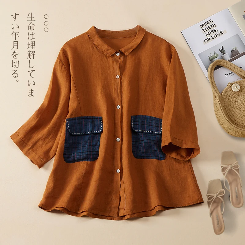 

2023 New Arrival Autumn Women Turn-down Collar Three Quarter Sleeve Blouse Loose Pocket Patchwork Cotton Linen Shirts