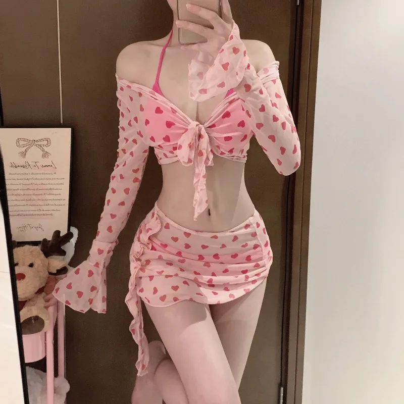 2026 New Women's Peach Heart Bikini Swimsuit Four Piece Set Sexy Korean Version Beach Hot Spring Vacation Swimsuit