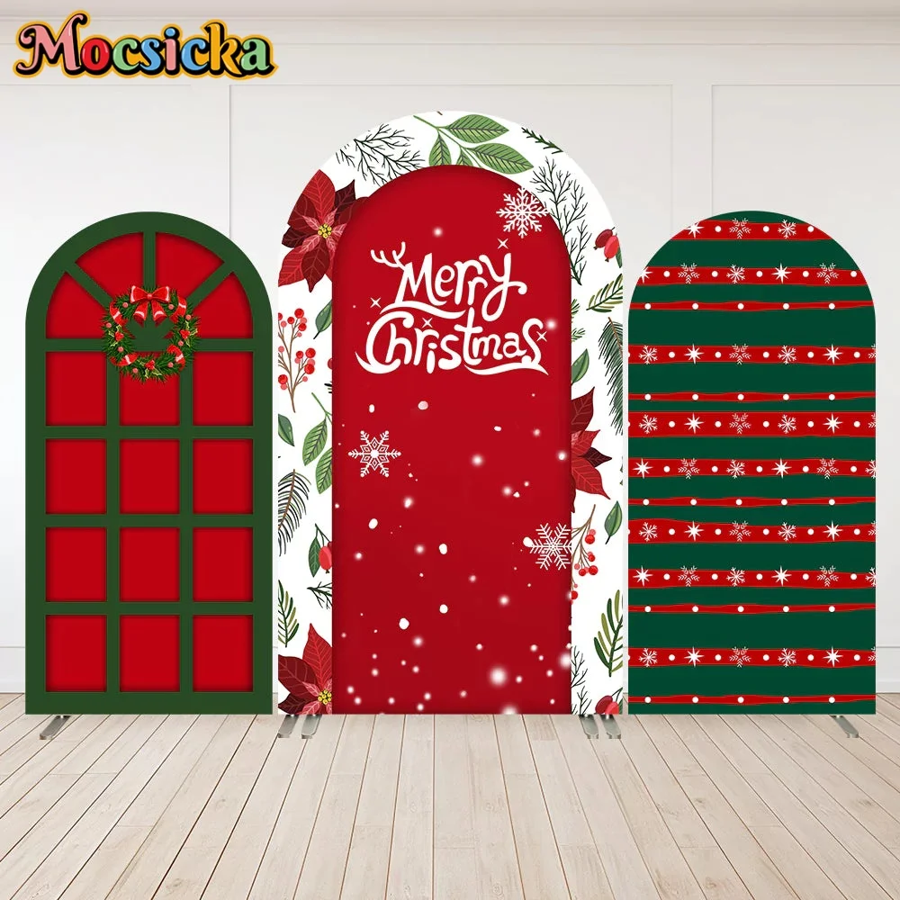 

Mocsicka Christmas Party Decoration Arch Backdrop Cover Green Red Window Xmas Party Arched Wall Background Doublesided Banner