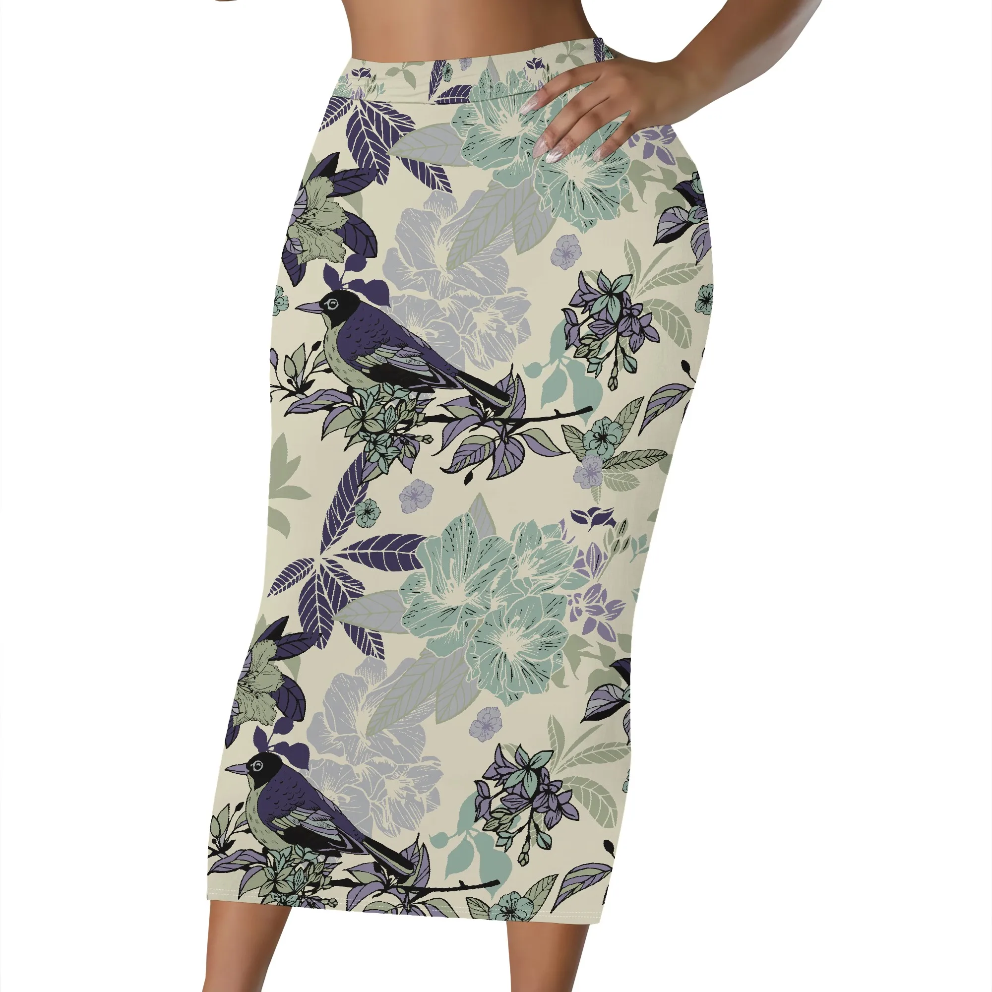 Blumen-Vogelmuster-Rock, Vintage Botanisches Muster, Eleganter Bleistiftschnitt, Damen Bürokleidung, Lässiger Party-Midirock, S-2XL – Detail 1