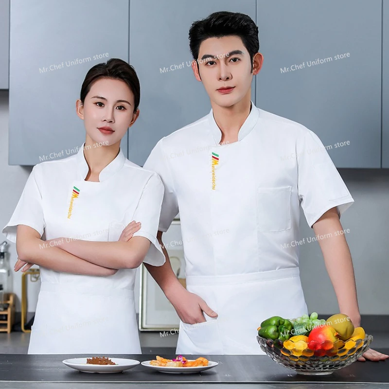 Schwarze Kochjacke Restaurant Kurzarm Kochuniform Kochmantel Koch T-Shirt Bäcker Arbeitsuniform Kellner Hotelkleidung Damen Logo