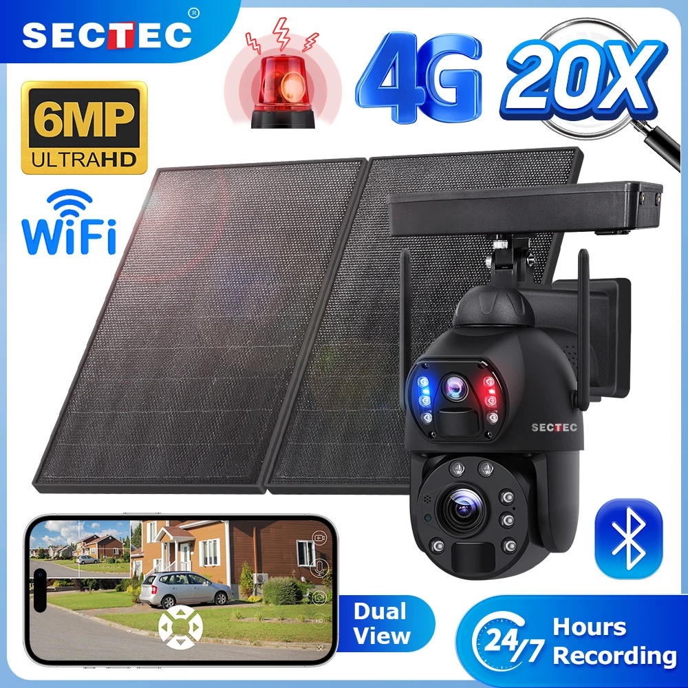 SECTEC  IP67 20X  Zoom Dual View Solar Battery  outdoor wifi solar camera WIFI PTZ Camera 4G security camera