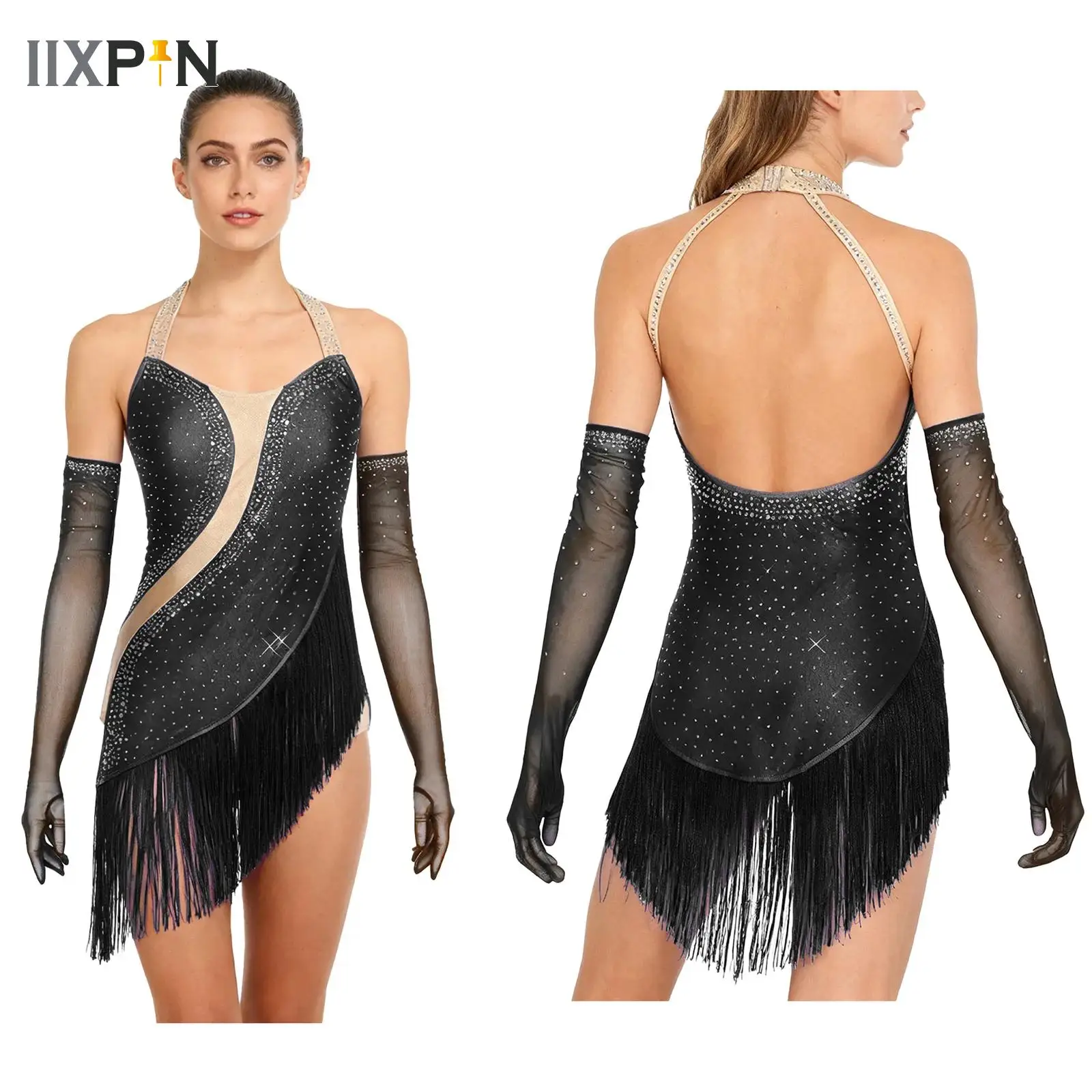 

Women Figure Skating Lyrical Dance Dress Modern Dancewear Shiny Rhinestones Tassel Jumpsuit Skirted Leotard with Gloves Tango