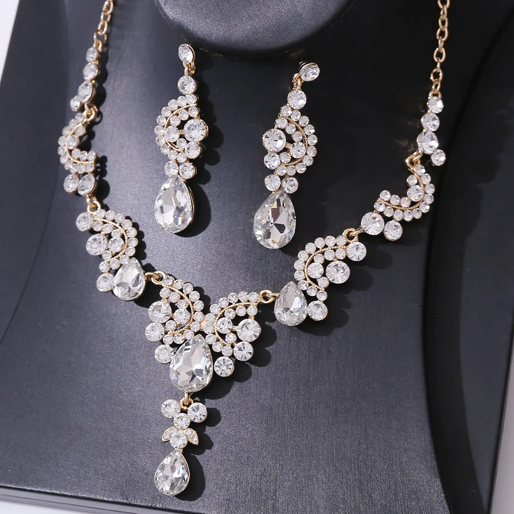 KMVEXO Fashion Crystal Bridal Jewelry Sets Gold Color Rhinestone Chokers Necklace Earrings Wedding African Beads Jewelry