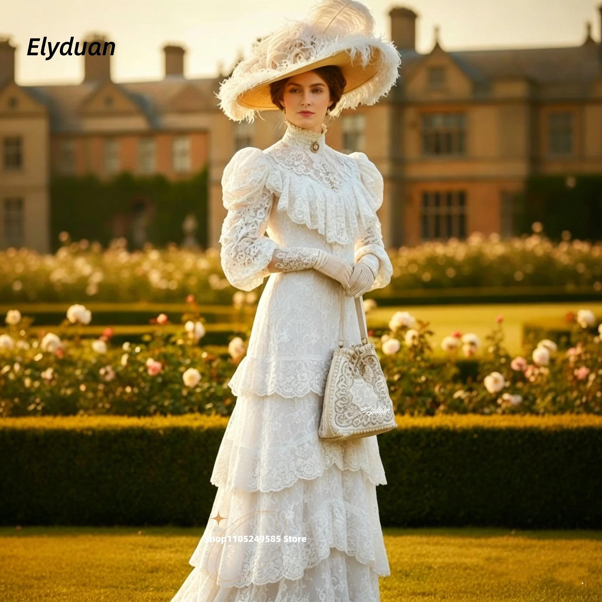 Vintage Edwardian Lace Prom Dress High Neck Puff Sleeve Tiered Ruffle Medieval Victorian Evening Gowns Party Dress Customized image 2