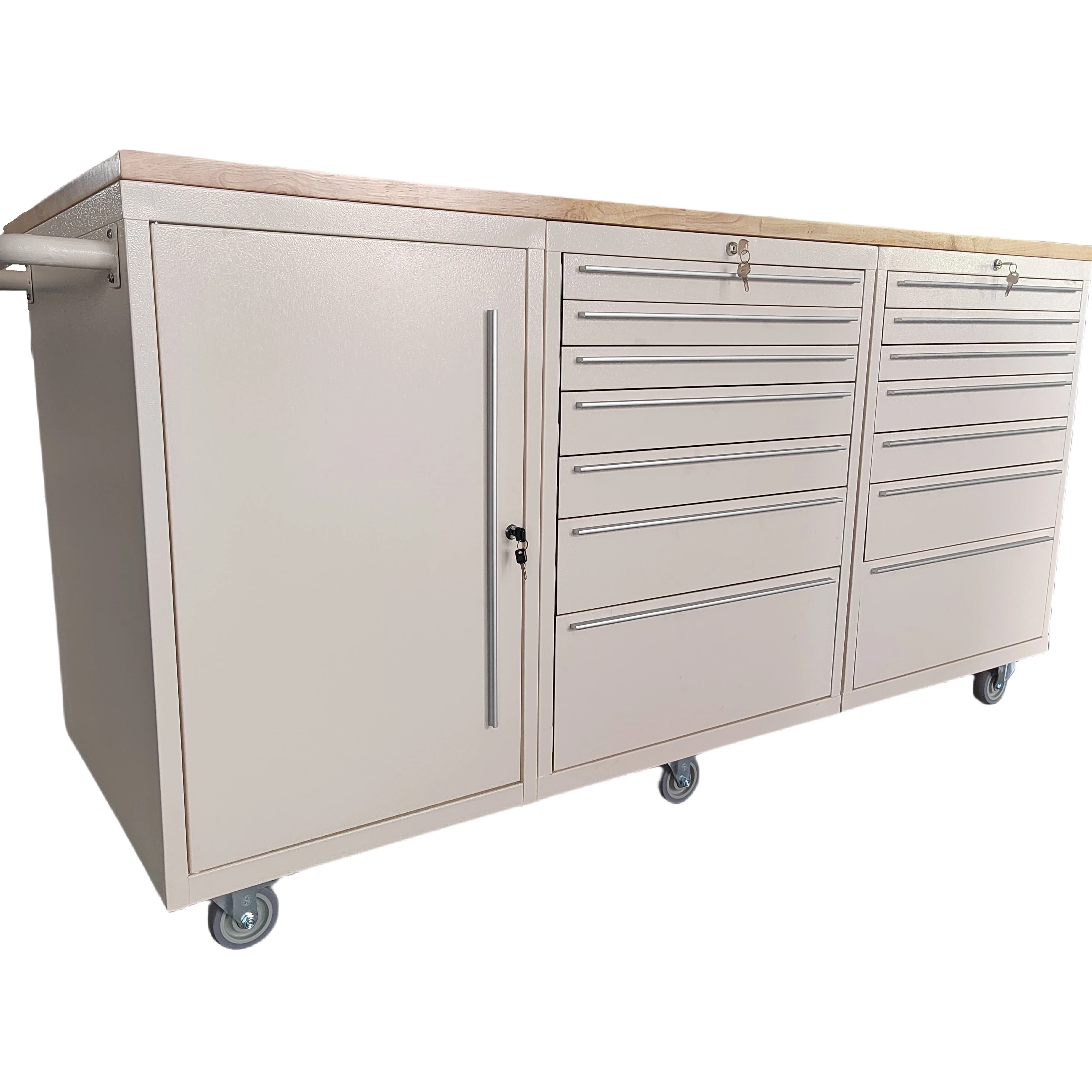 

72 Inch Metal Tool Cabinet 14 Drawers Multi-functional Wooden Top Workbench Garage Storage White Tool Chest with Wheels