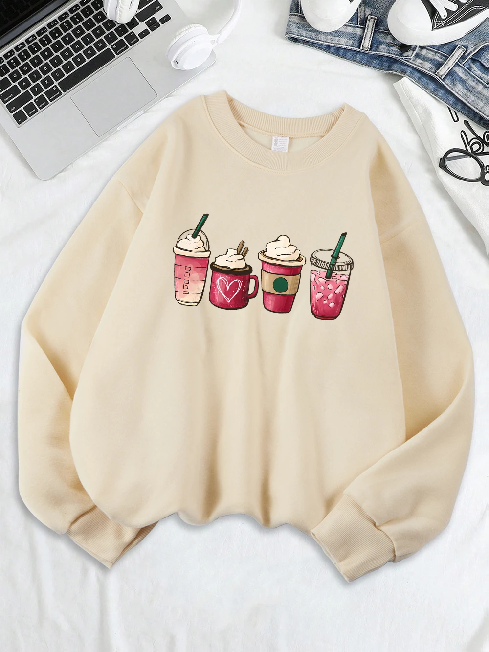 Stampa di bevande al gelato Felpe Girocollo da donna Nozioni di base Felpe con cappuccio in pile Abiti larghi caldi Inverno Comodo streetwear da donna