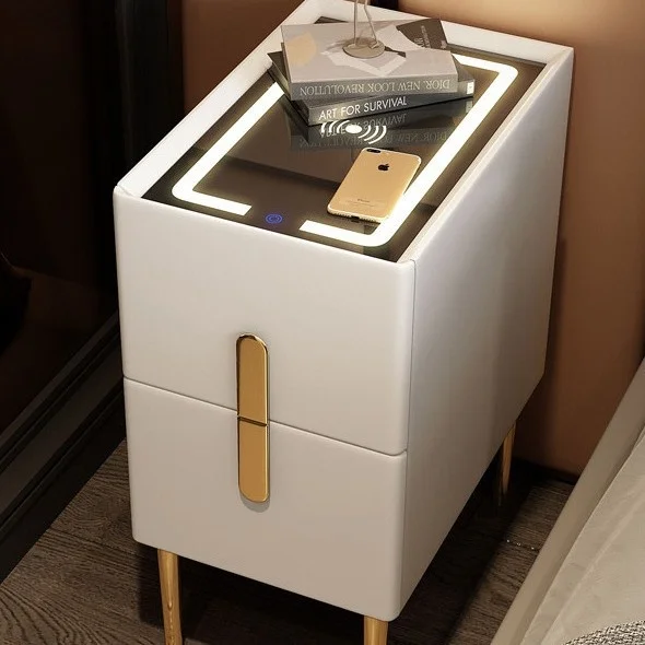Modern Simple Leather Bedside Table with Smart Charging Function Solid Wood Storage Cabinet Luxury Nightstand for Bedroom