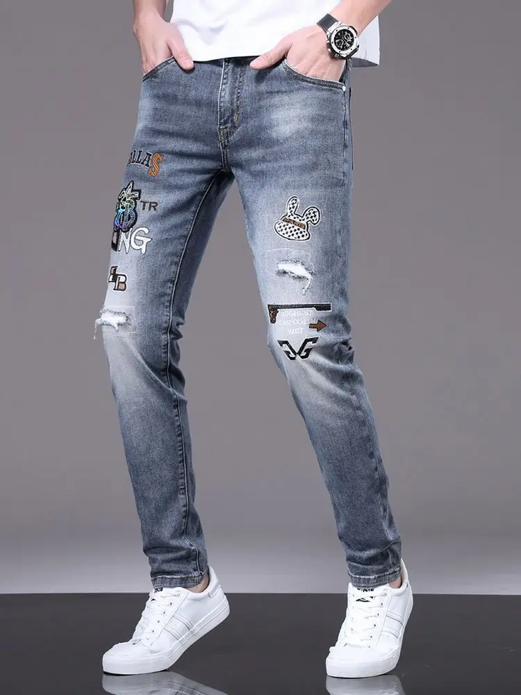 2024 primavera outono novo high-end bordado rasgado jeans moda masculina magro estiramento calças magras casuais cowboy denim