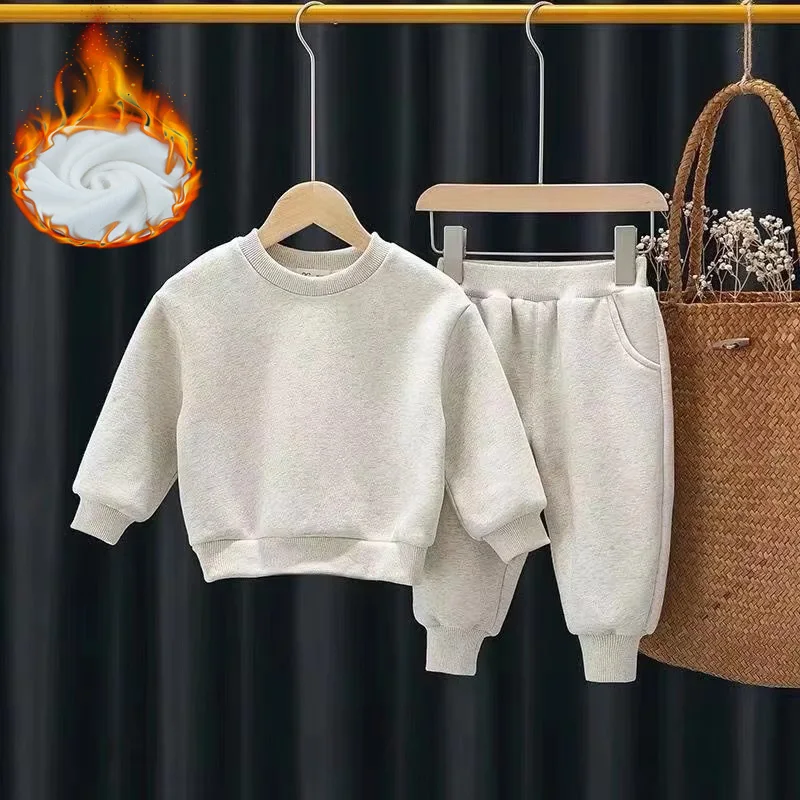 

Boys Fleece-lined Sets Baby Kids Tracksuit Warm Suit New Girls Sportswear+Pants 2Pcs Outfits Children Solid Color Casual Clothes