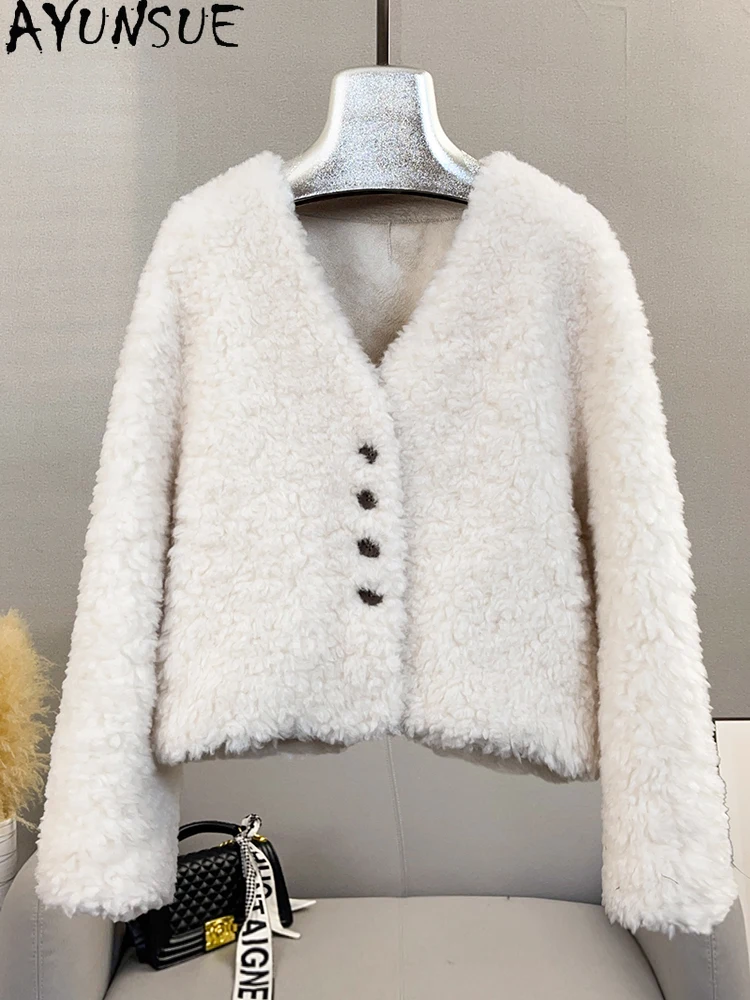 AYUNSUE 100% 천연 양모 여성 자켓 v 넥 짧은 양 모피 자켓 여성 의류 가을 겨울 겉옷의 새로운 Abrigo Mujer