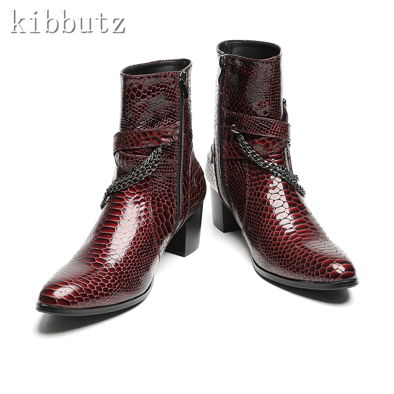 Luxury Design Buckle Chain Men Ankle Boots British Style Genuine Leather Motorcycle Boots Snake Skin Wedding Dress Shoes