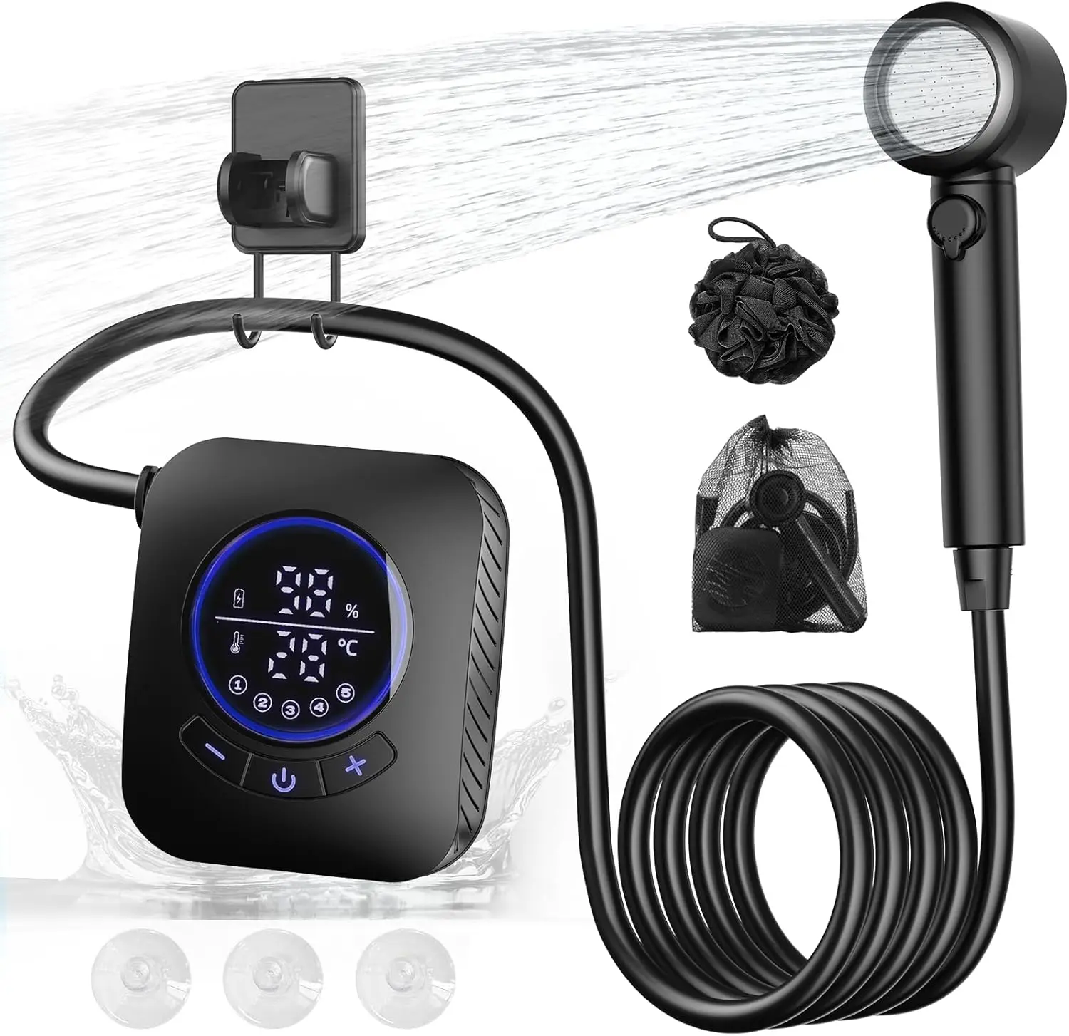 

Портативный душ 8000 мАч, перезаряжаемый насос для душа для кемпинга с губкой для ванны, 4 режима распыления для кемпинга, путешествий, мойки автомобилей