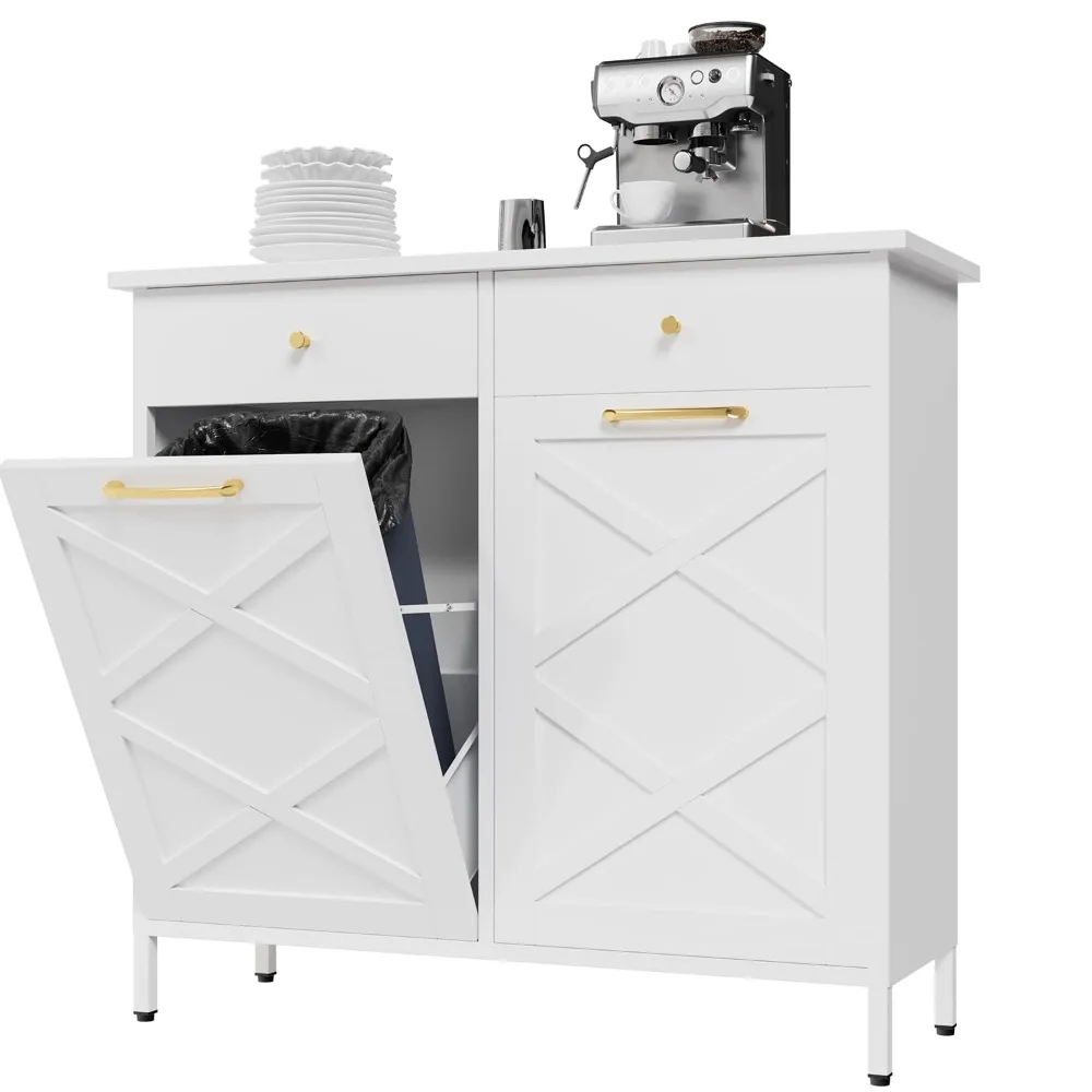 خزانة سلة المهملات المزدوجة المائلة، سلة إعادة تدوير القمامة قائمة بذاتها سعة 20 جالونًا مع درجين، سلة مهملات معدنية مقاومة للكلاب