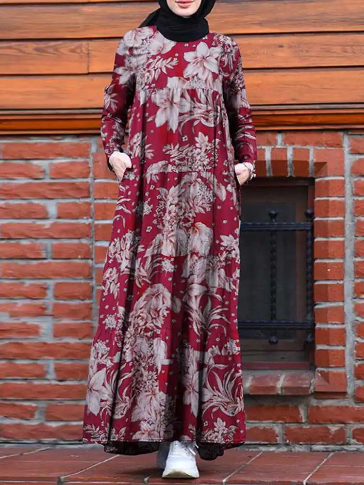 ZANZEA Retro Dubai Abaya Turkey Hijab Dress Women Vintage Floral Printed Maxi Sundress Summer Long Sleeve Kaftan Muslim Vestido