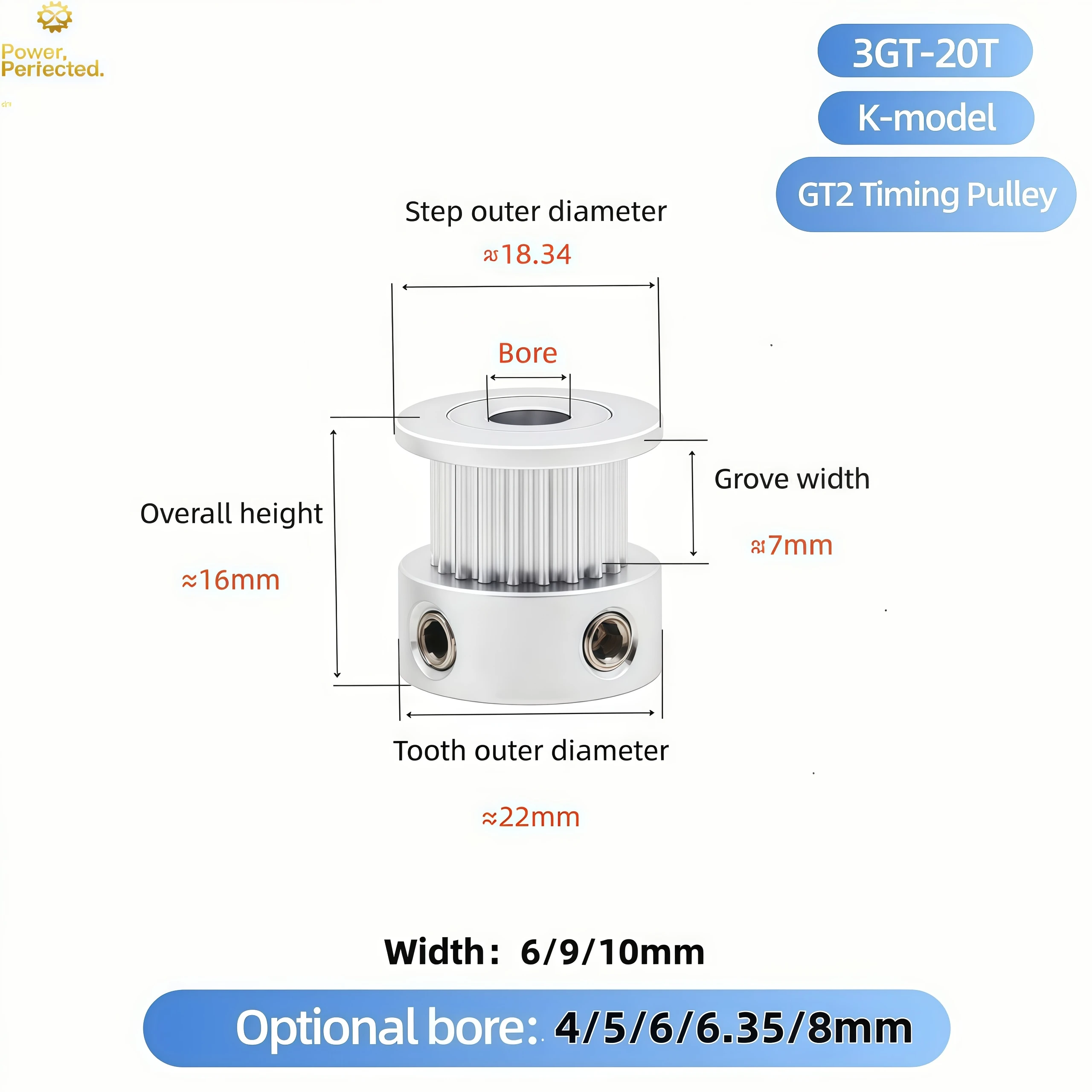 

GT3 K-Type Timing Pulley 20Teeth, Bore 4/5/6/6.35/8mm For Belt Width 6/10mm Synchronous Wheel Synchronous Pulley for 3D Printer