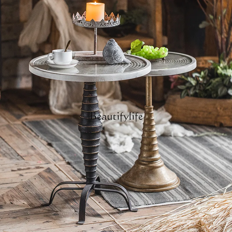 

American glass high-end light luxury wrought iron round small coffee table living room small apartment sofa side table