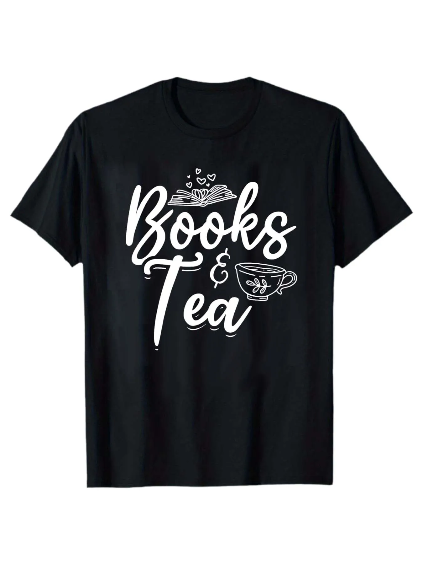 

Literary Style Books & Tea PrintedT-Shirt, Casual Crew Neck Black&White Top for Book LoversComfortableVersatileTeaCultureBookFan