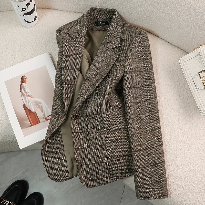 

High-end Plaid Blazer Women 2024 Fall New Commuting One-button Professional Workwear Office Lady OL Temperament Gray Suit Jacket