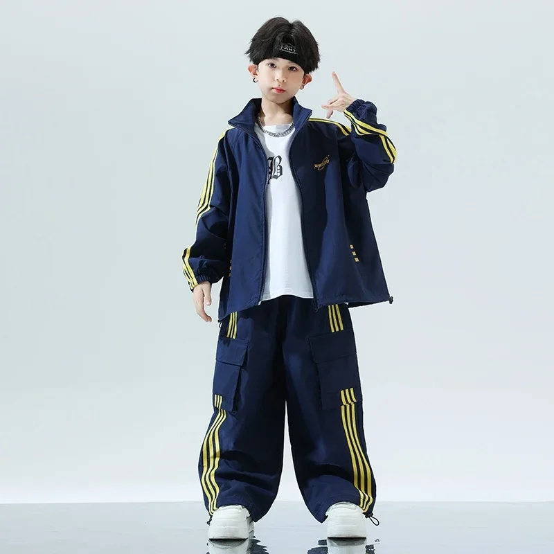 Ropa de Hip Hop para niños, camisa holgada azul de manga larga, abrigo, pantalones, traje de baile callejero de tambor para niñas, traje de actuación de Jazz XH1154
