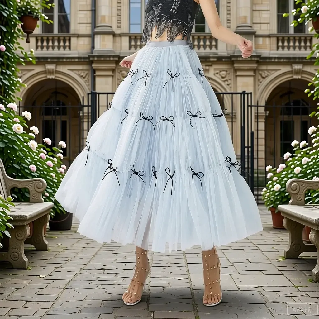 

Элегантное небесно-голубое платье-миди из тюля с черными бантовыми акцентами, с завышенной талией, многослойное, для женщин, больших размеров, Ever Pretty