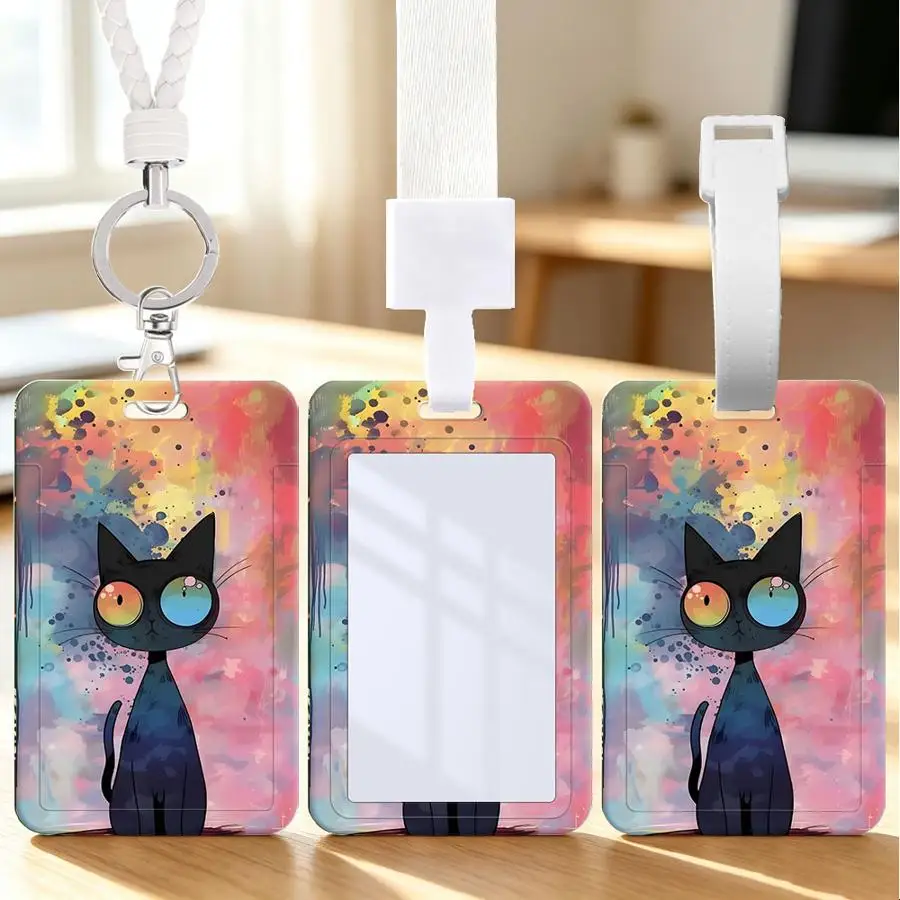 Cartoon Cute Little Cat 1pc Multi functional Student Bus ID Card Nurse Badge Card Protective Cover cable tie Lanyard Luggage tag