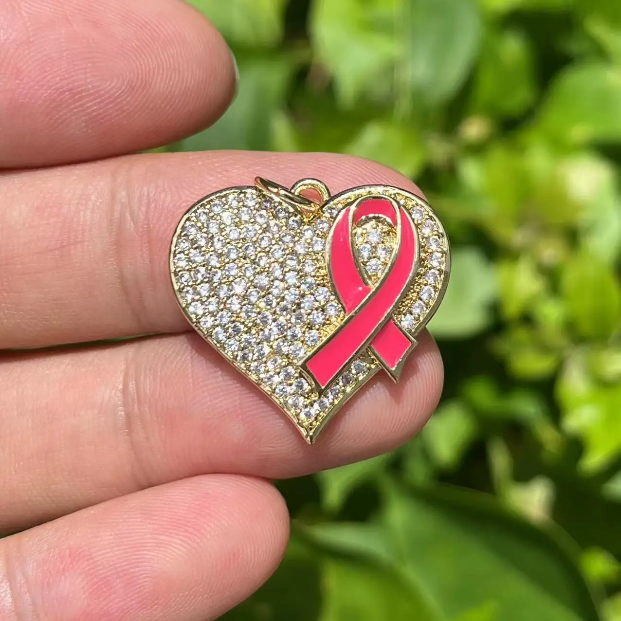 5Pcs Zircon Pave Copper Heart Charms Pink Ribbon Breast Cancer Awareness Jewelry Making Accessories for Bracelets Making