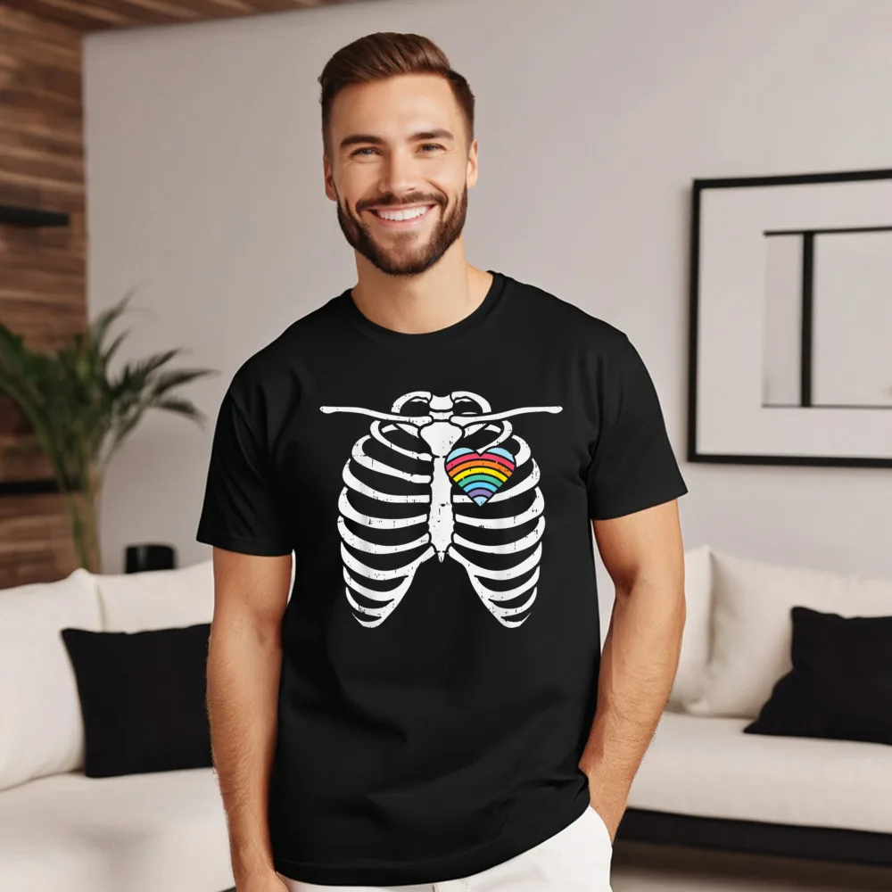 Tees LGBT Gay Heart Skeleton Ribs Labor Day Short Sleeve Premium Cotton Round Neck women's T-Shirt Printed On Tee Shirts Retro