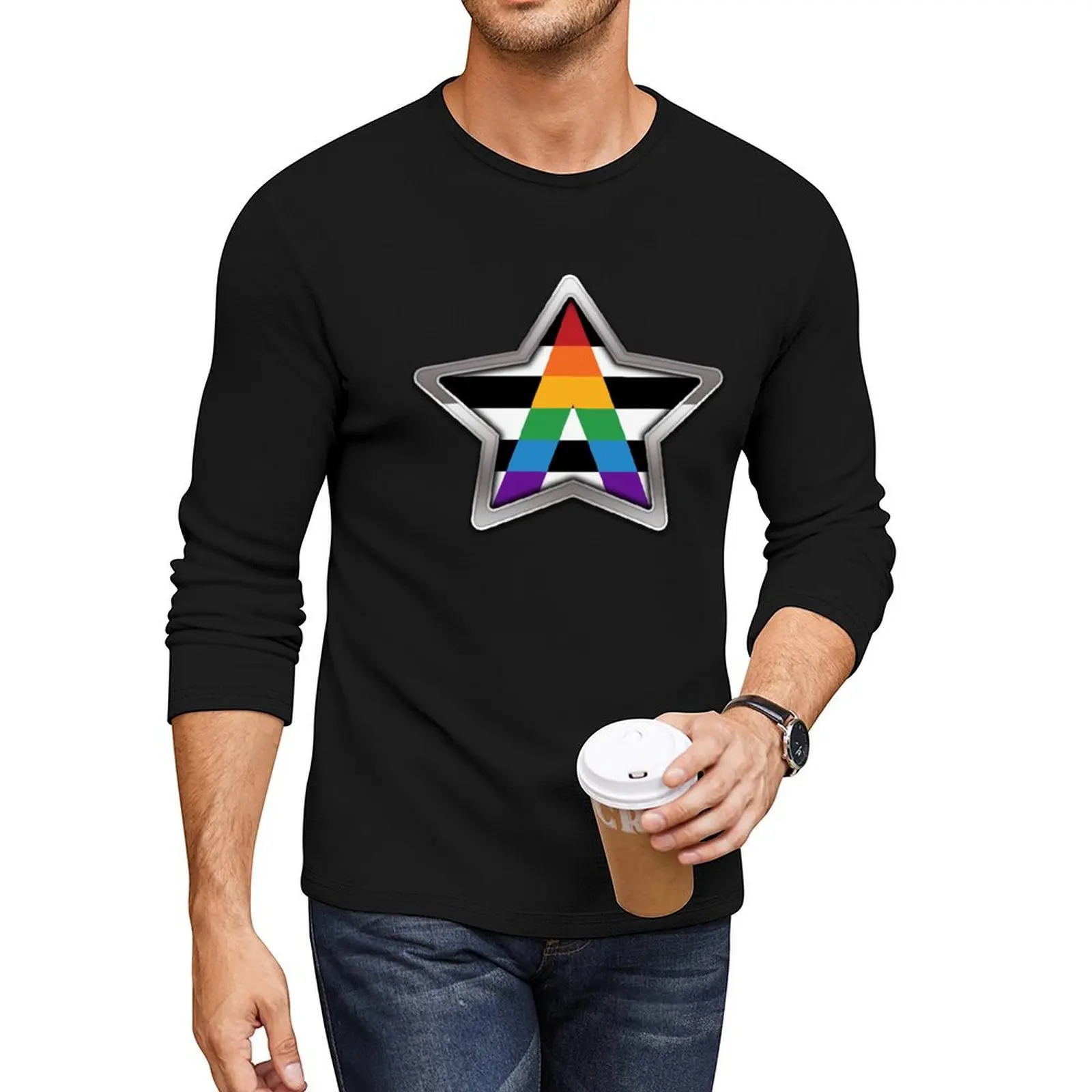 

Large LGBT Ally Pride Flag Colored Star with Chrome Frame. Long T-Shirt Tee shirt mens big and tall t shirts