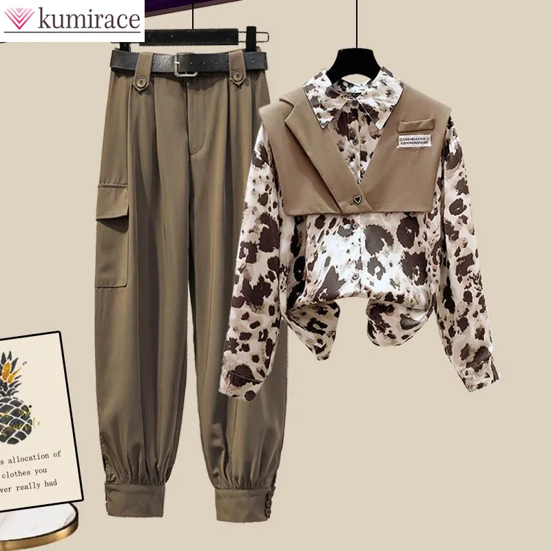 2022 Autumn New Camouflage Stitched Chiffon Shirt Pocket Decorative Overalls Two-piece Women\'s Sports Suit Female Tracksuit