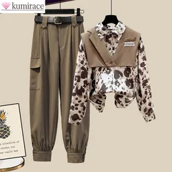 2022 Autumn New Camouflage Stitched Chiffon Shirt Pocket Decorative Overalls Two-piece Women's Sports Suit Female Tracksuit