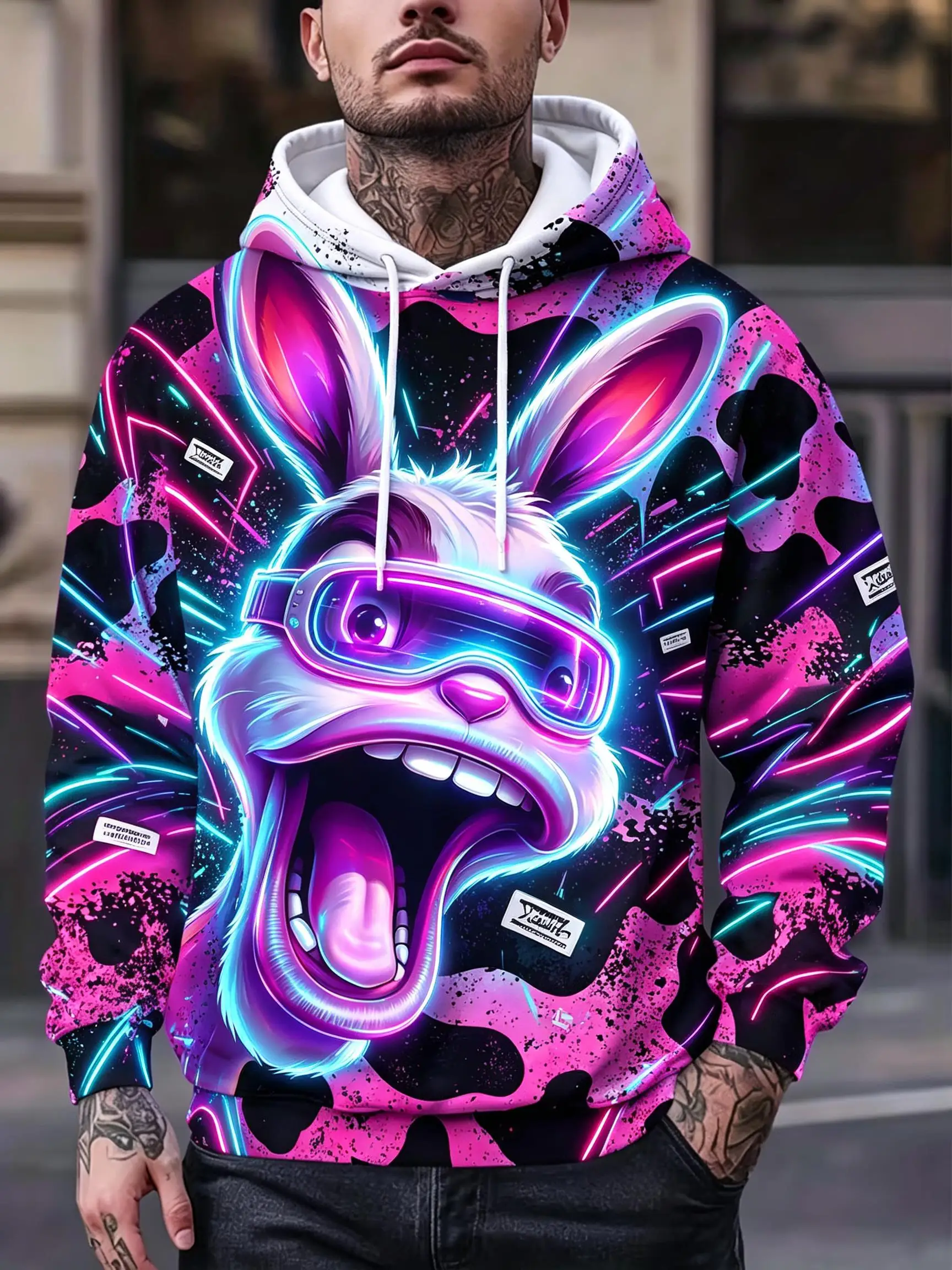 Men's Hoodie thin Autumn Winter Cyber Neon Rabbit Street Graffiti Art Print Oversized Casual Sweatshirt Clothes